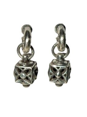 Brighton Silver Hoop Earrings Filigree Cube Charm Dangle VTG  Y2K